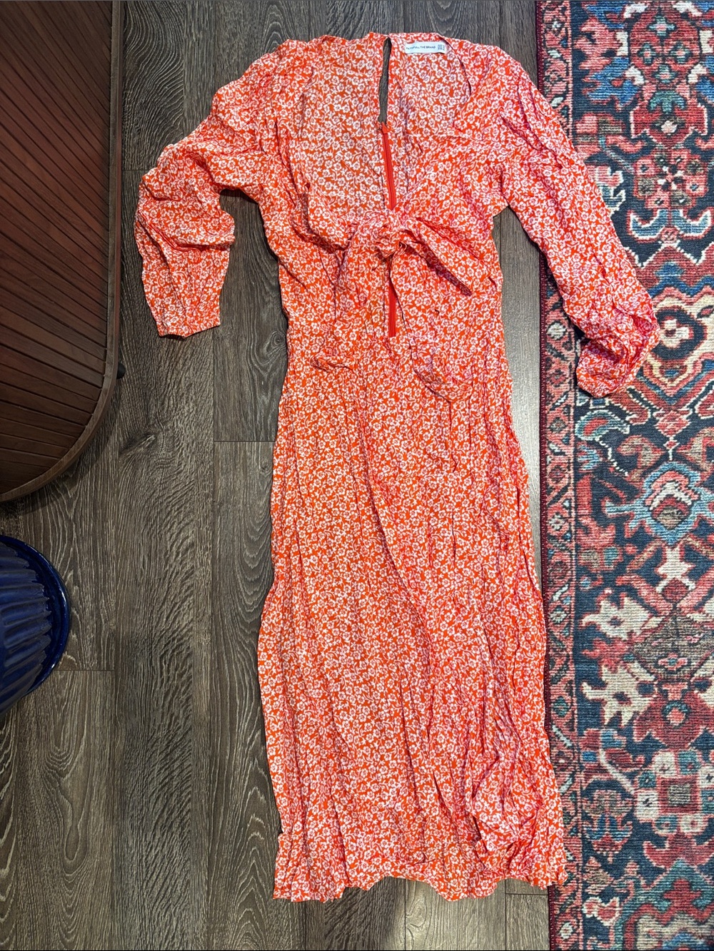 Faithfull the Brand Coral-Orange Floral Tie-Waist Maxi Dress